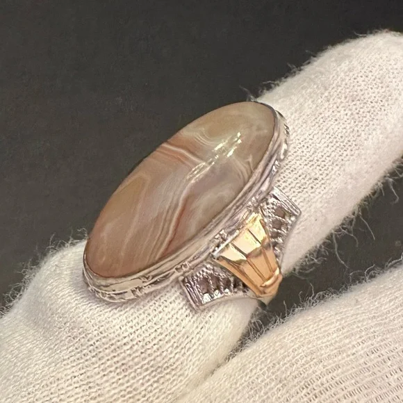 VTG Agate Pinky Ring Sterling Silver & 10K GF Long Oval Cabochon
